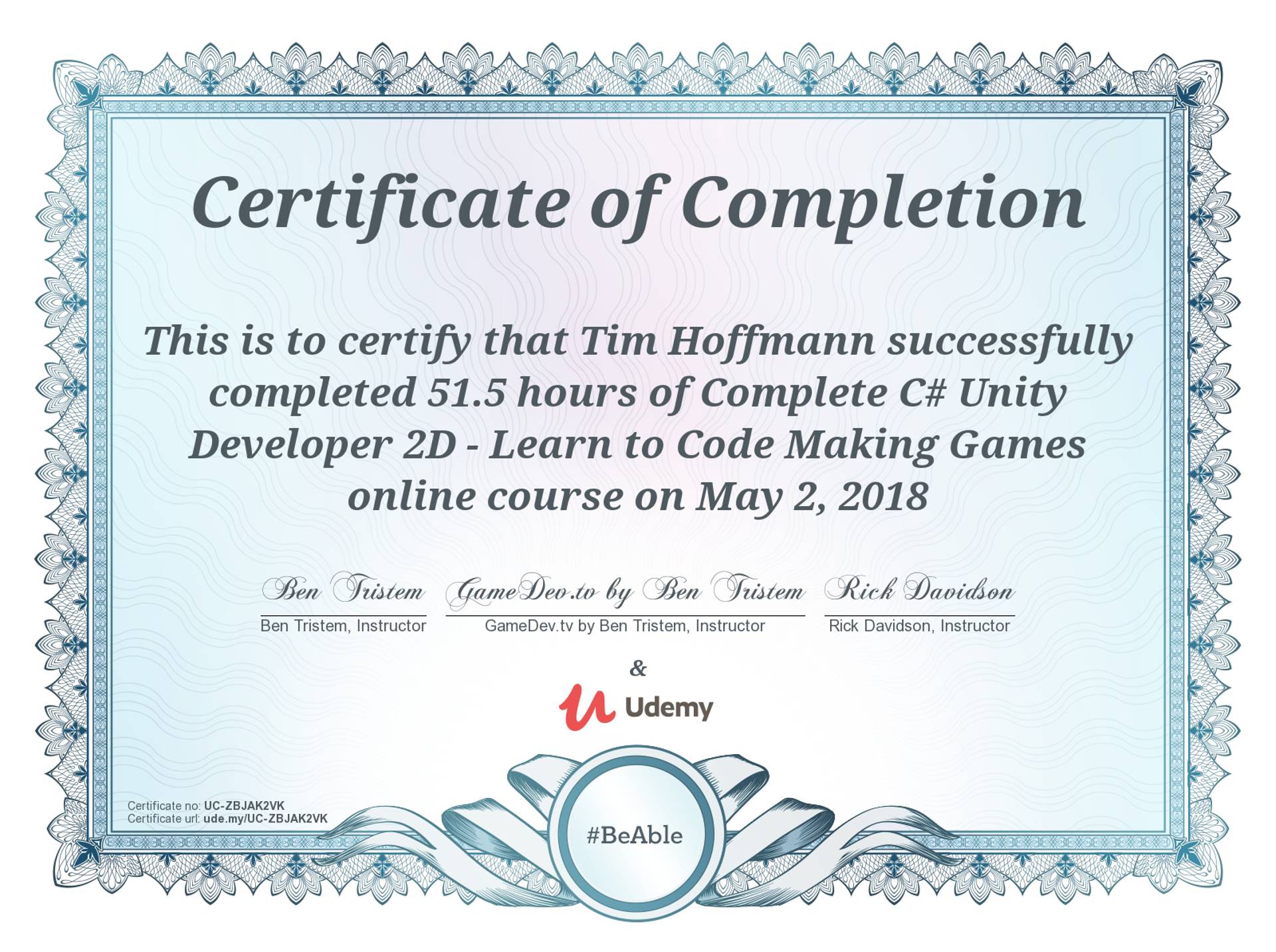 Complete C# Unity Developer course Certificate of completion